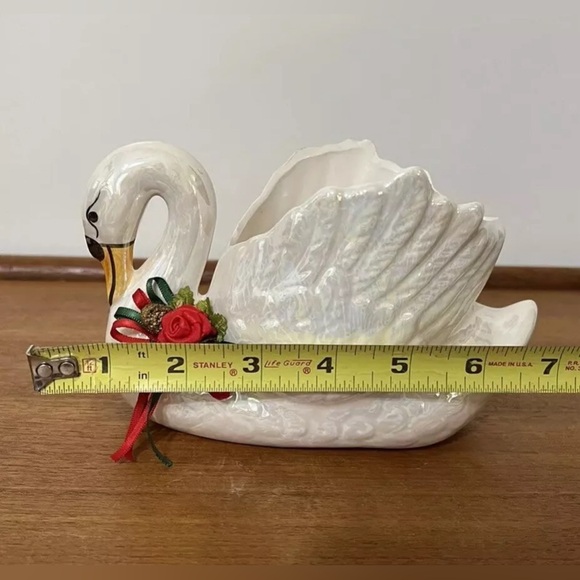 Vintage Swan Planter Dish Enesco 1987 Hand Painted Christmas Ribbon Lusterware - Picture 11 of 12